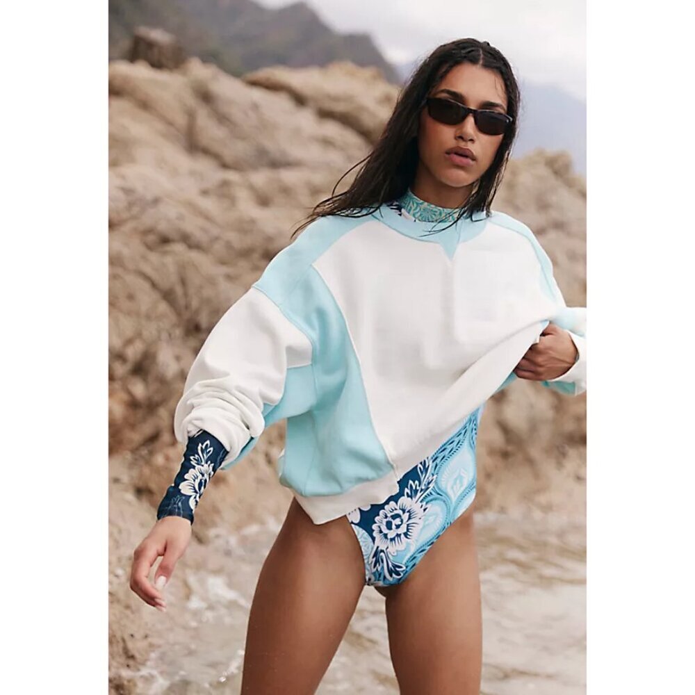 FP Movement by Free People White and Light Blue Colorblock Crewneck Sweatshirt